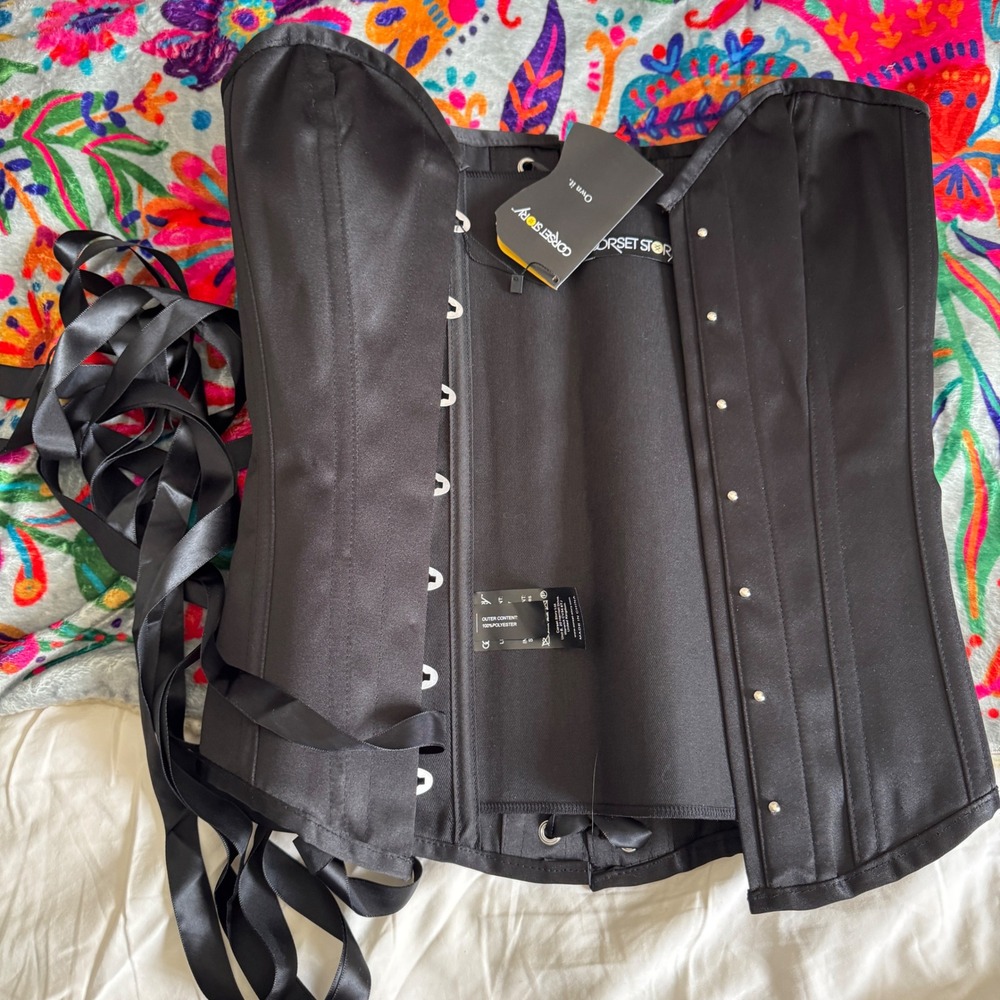 Corset Story Black Satin Overbust Spiral Steel Boned Corset UK 12 New With Tags